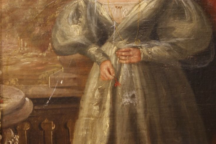 Olio su tavola Inglese "Donna in abito elegante"-photo-4
