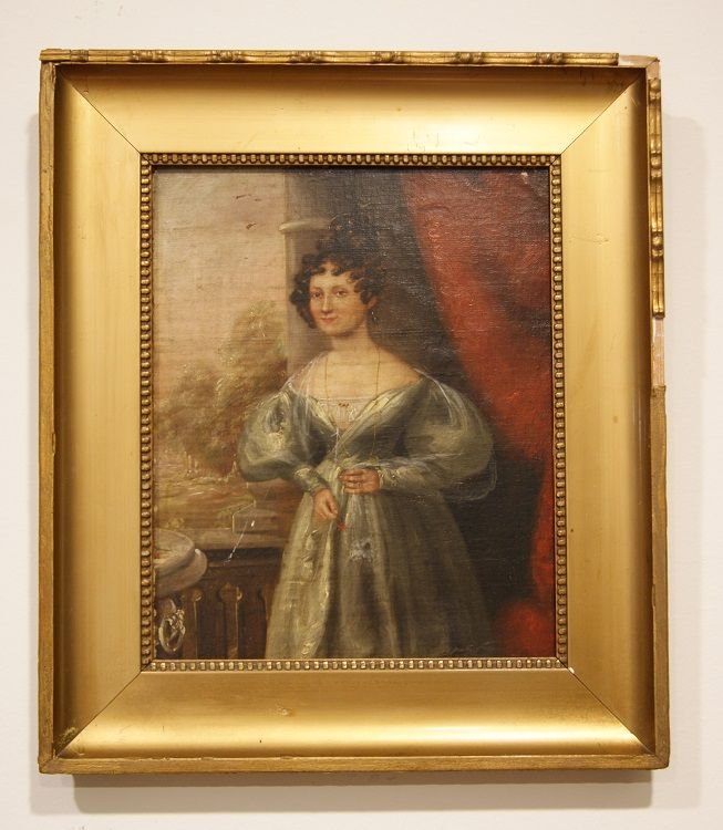 Olio su tavola Inglese "Donna in abito elegante"