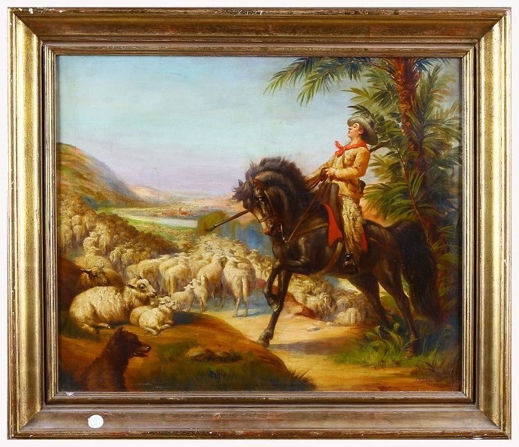 Olio su tela inglese "Pastore con gregge"