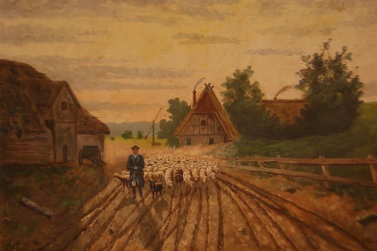 Olio su tela raffigurante pastore con pecore-photo-2