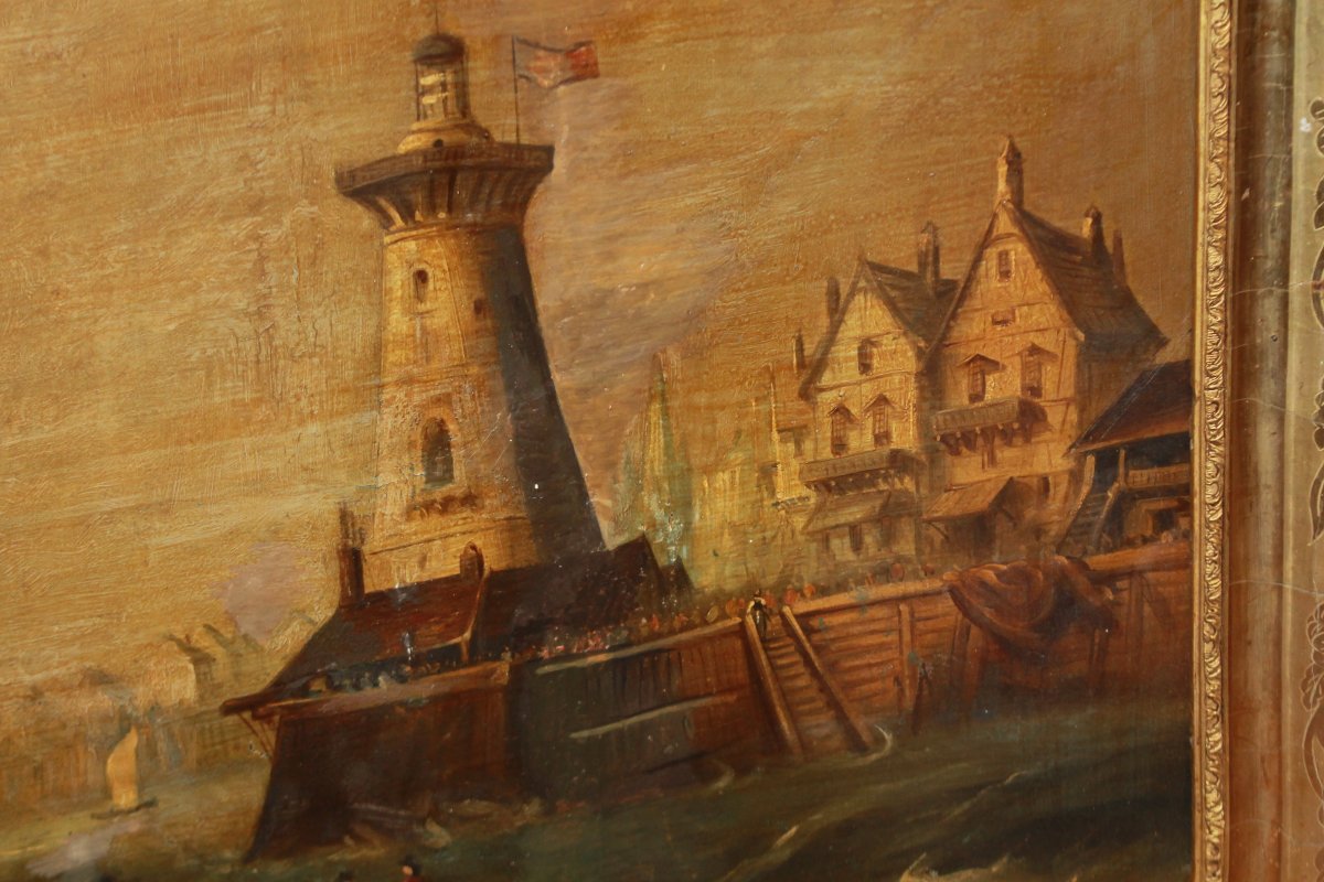 Paesaggio marino con faro – Olio su tela, XVIII secolo-photo-4