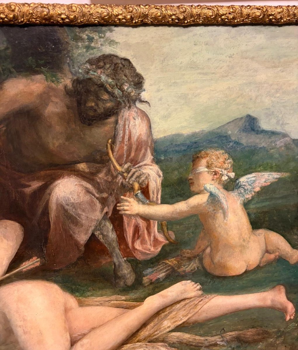 Olio su Tela Scena mitologica con Amore, ninfa e fauno Chenavard-photo-2