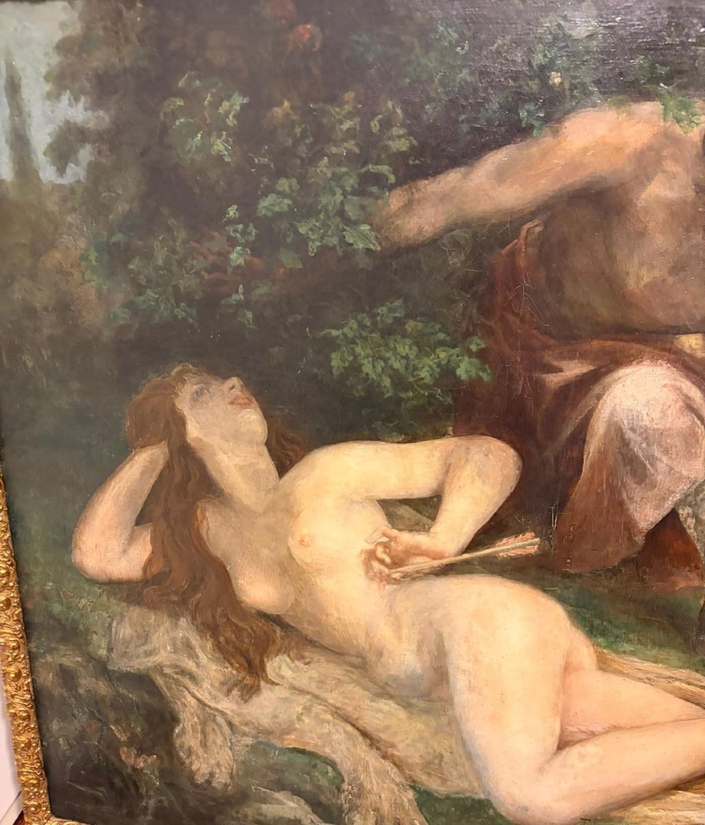 Olio su Tela Scena mitologica con Amore, ninfa e fauno Chenavard-photo-3