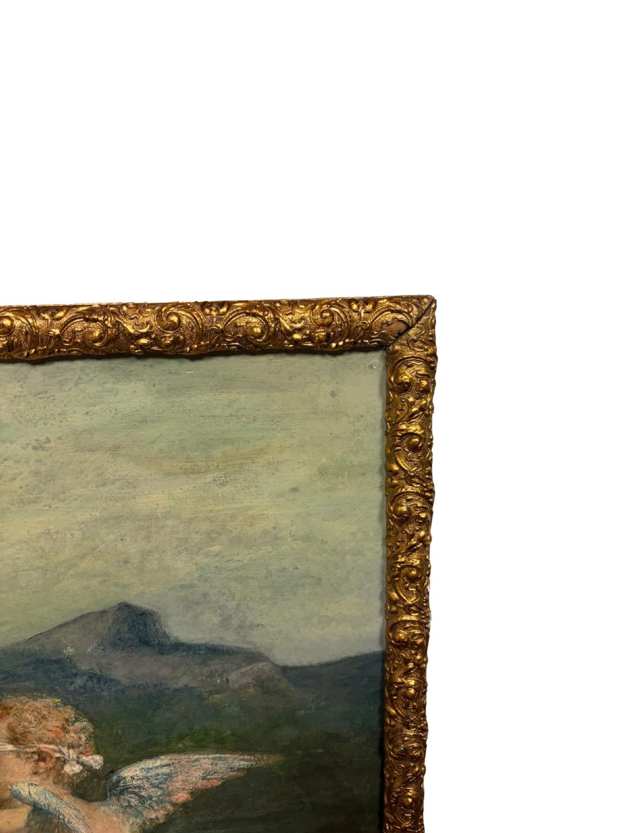 Olio su Tela Scena mitologica con Amore, ninfa e fauno Chenavard-photo-4