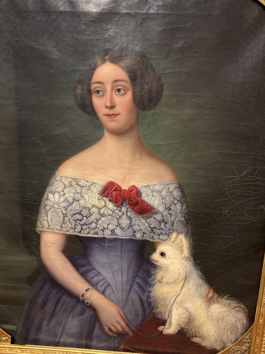 Ritratto Dama Nobildonna francese di metà 1800 con cagnolino-photo-2