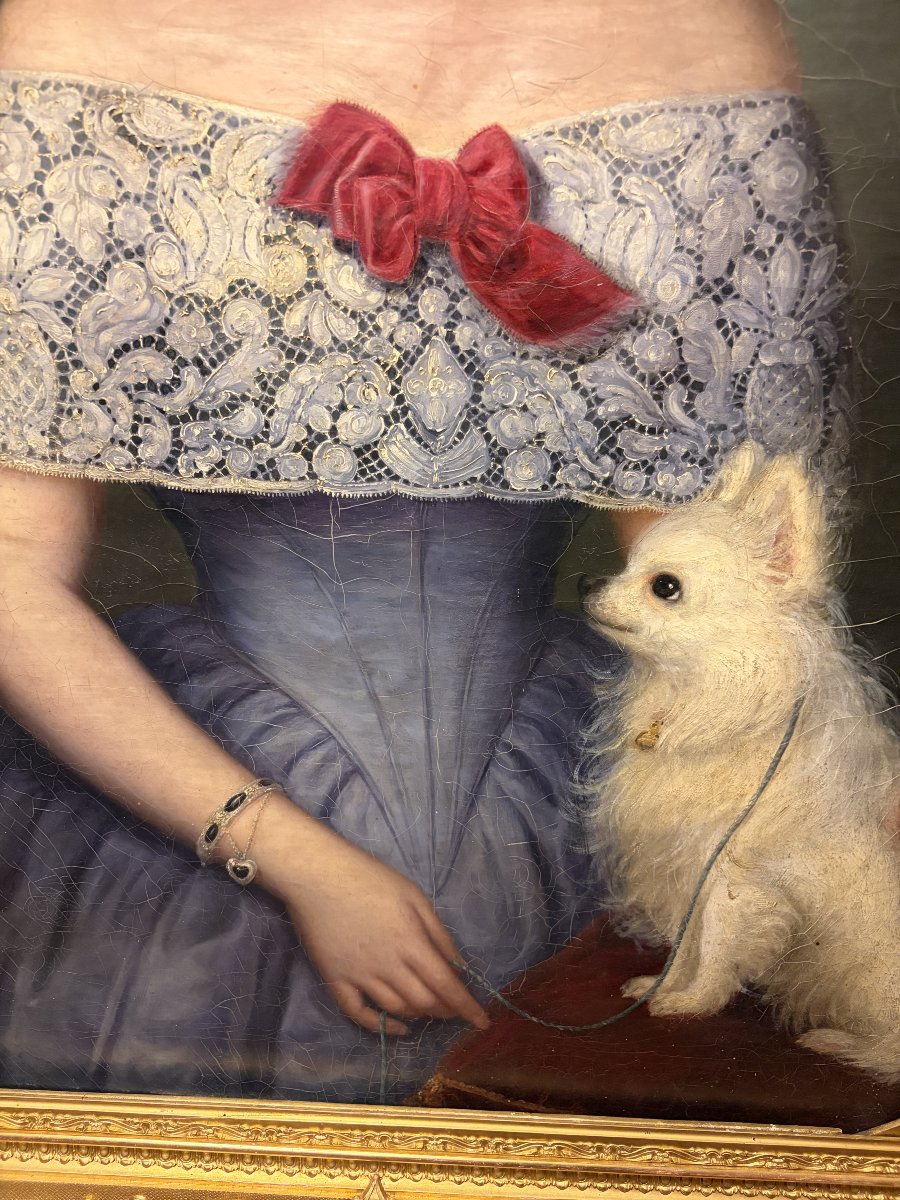Ritratto Dama Nobildonna francese di metà 1800 con cagnolino-photo-3