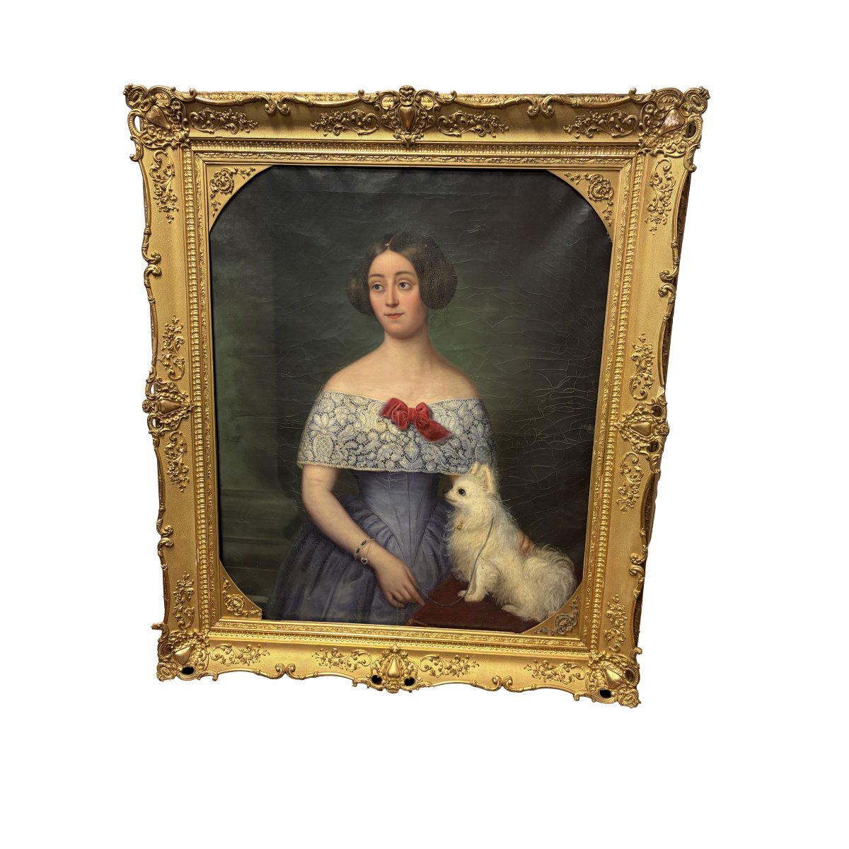 Ritratto Dama Nobildonna francese di metà 1800 con cagnolino