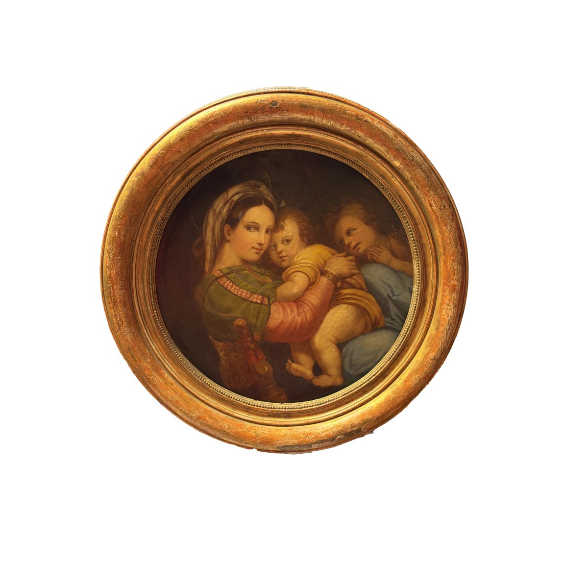 Madonna della Seggiola – Olio antico su tela di forma tonda in cornice dorata originale