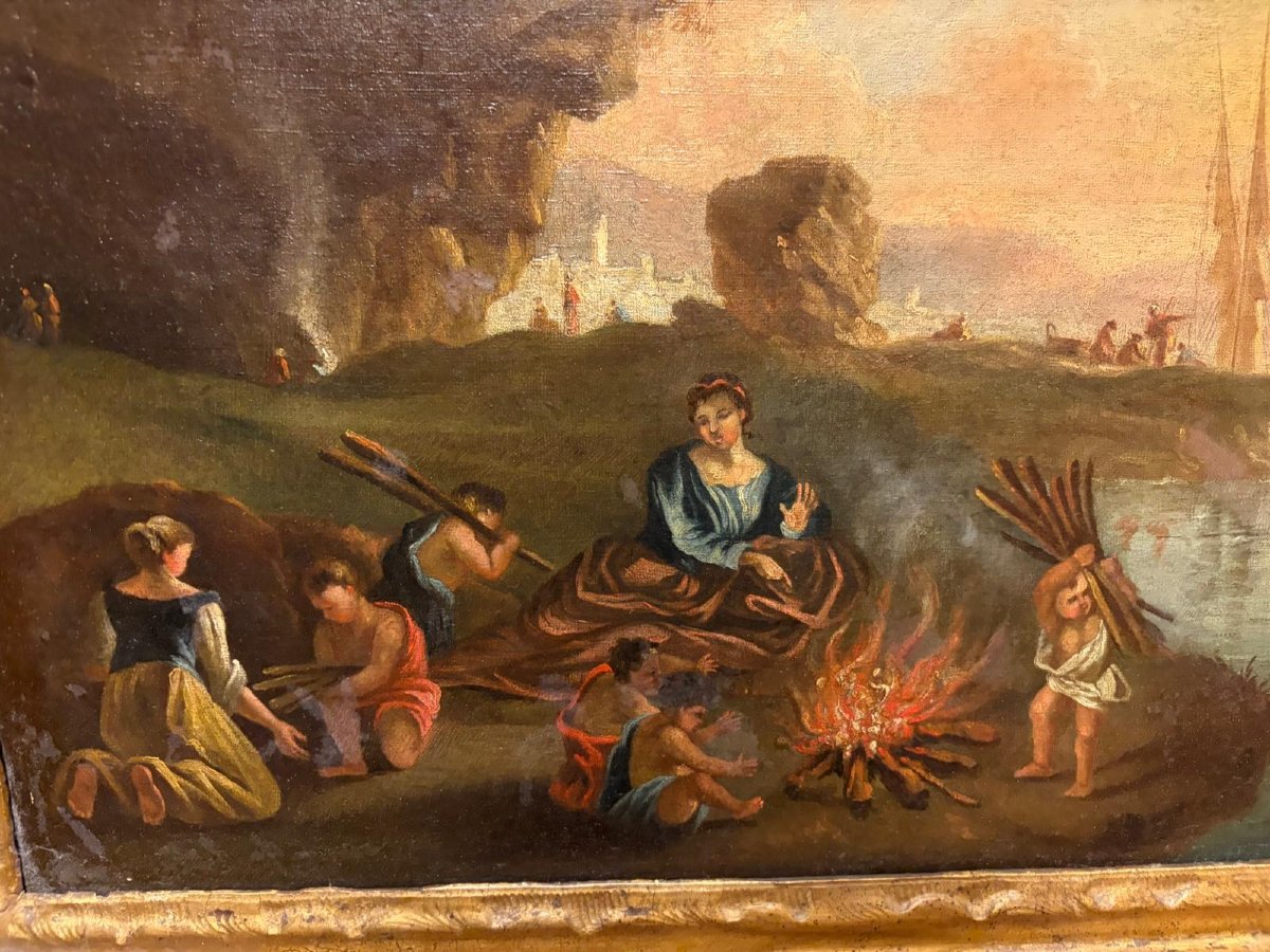 Coppia di dipinti a olio su tela, XVIII secolo: "Marine con allegorie dell'Inverno e della Prim-photo-3