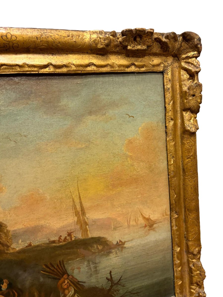 Coppia di dipinti a olio su tela, XVIII secolo: "Marine con allegorie dell'Inverno e della Prim-photo-1