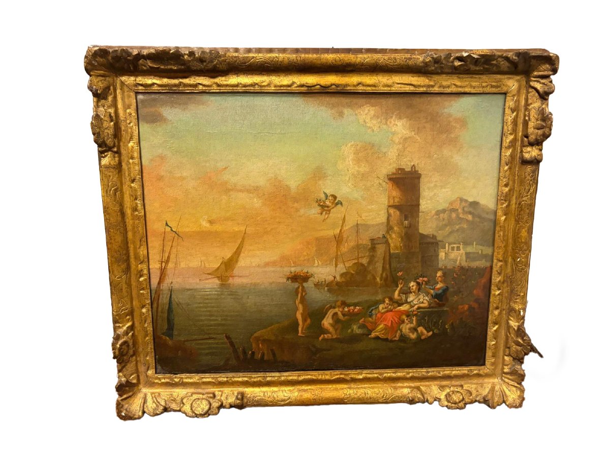 Coppia di dipinti a olio su tela, XVIII secolo: "Marine con allegorie dell'Inverno e della Prim-photo-2