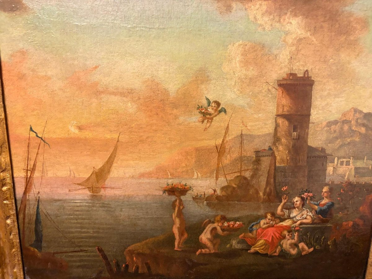 Coppia di dipinti a olio su tela, XVIII secolo: "Marine con allegorie dell'Inverno e della Prim-photo-3