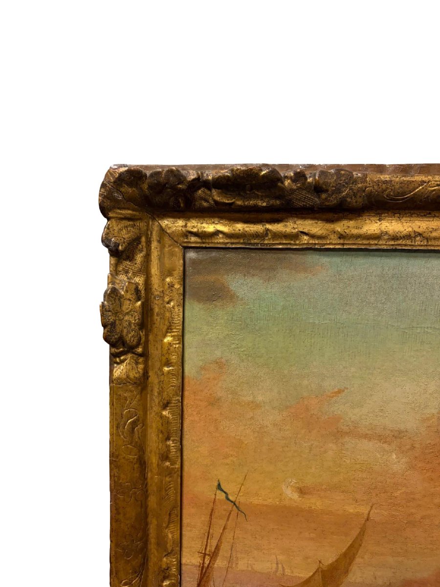 Coppia di dipinti a olio su tela, XVIII secolo: "Marine con allegorie dell'Inverno e della Prim-photo-5