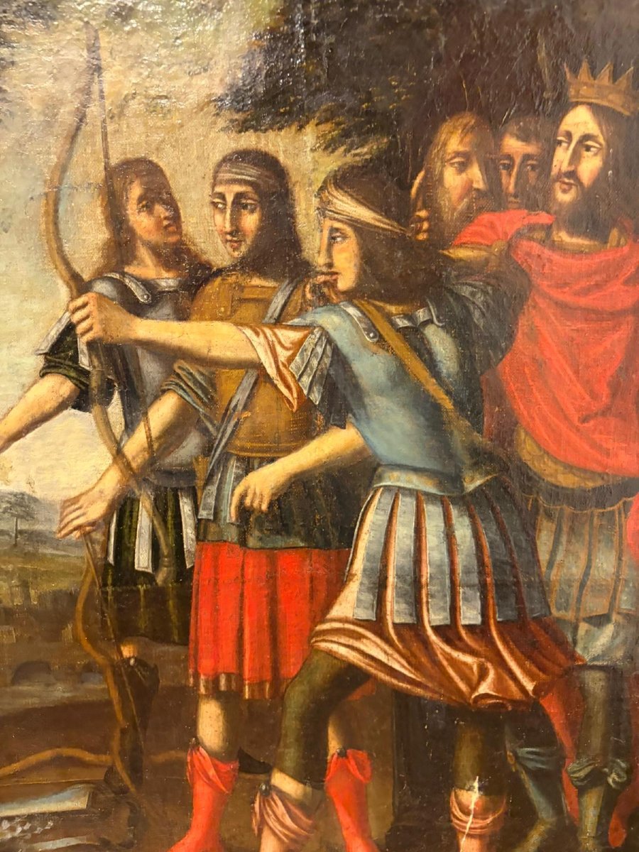 Dipinto a olio su tela, XVII secolo: "Martirio di San Sebastiano"-photo-3