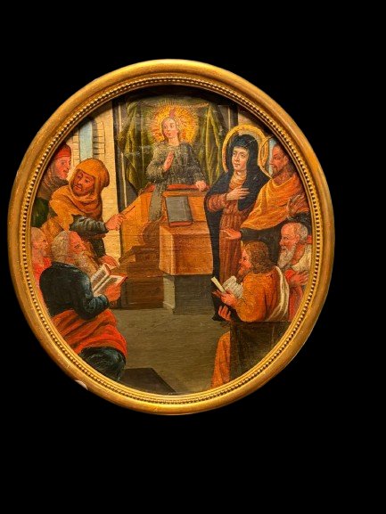 Coppia di dipinti olio su tavola, XVIII secolo: "Crocifissione" e "Gesù fra i dottori del Tempi-photo-2