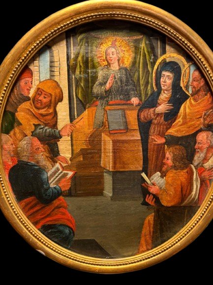 Coppia di dipinti olio su tavola, XVIII secolo: "Crocifissione" e "Gesù fra i dottori del Tempi-photo-3