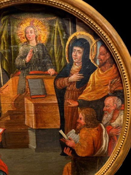 Coppia di dipinti olio su tavola, XVIII secolo: "Crocifissione" e "Gesù fra i dottori del Tempi-photo-1