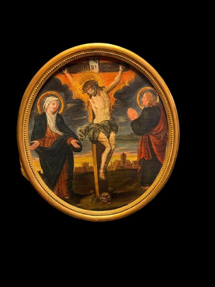 Coppia di dipinti olio su tavola, XVIII secolo: "Crocifissione" e "Gesù fra i dottori del Tempi-photo-2
