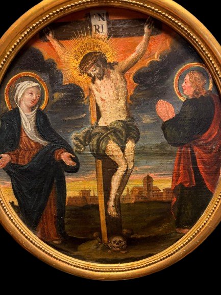 Coppia di dipinti olio su tavola, XVIII secolo: "Crocifissione" e "Gesù fra i dottori del Tempi-photo-3