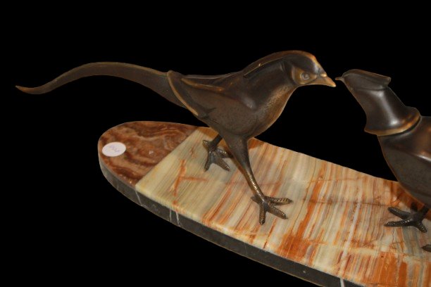 "Coppia di fagiani" – Scultura Art Déco in bronzo patinato su base in onice e marmo-photo-2