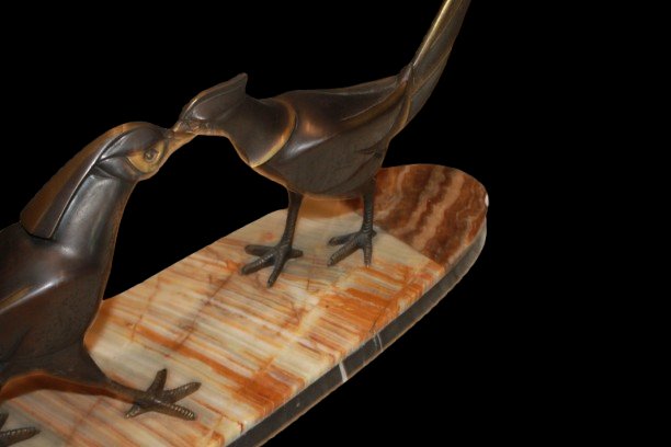 "Coppia di fagiani" – Scultura Art Déco in bronzo patinato su base in onice e marmo-photo-3
