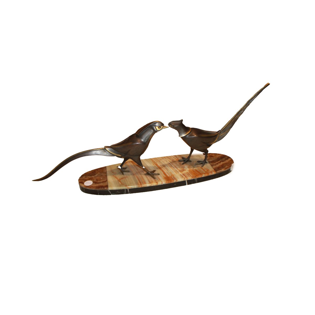 "Coppia di fagiani" – Scultura Art Déco in bronzo patinato su base in onice e marmo