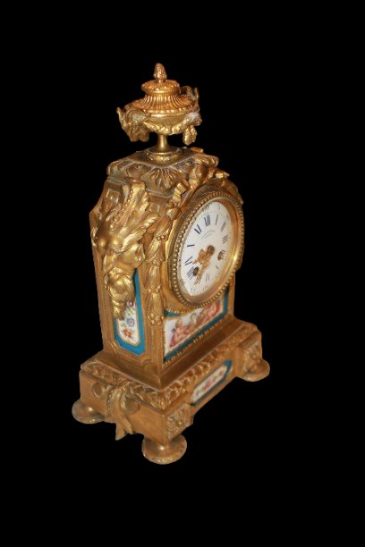 Orologio Francese da Camino in Bronzo Dorato e Porcellana, XIX Secolo-photo-3
