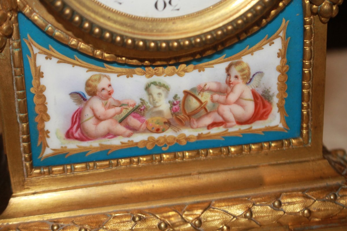 Orologio Francese da Camino in Bronzo Dorato e Porcellana, XIX Secolo-photo-1