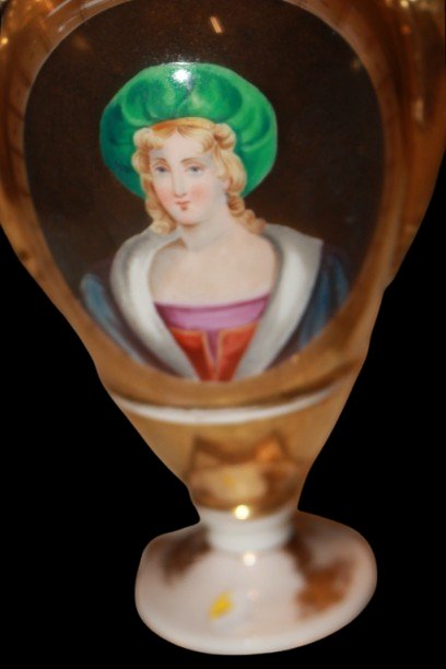 Coppia di Vasi in Porcellana Vecchia Parigi Dorata con Ritratti, XIX Secolo-photo-4