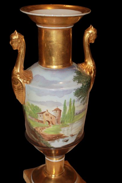 "Vaso a balaustro in porcellana dipinta e dorata con anse a sfinge alata" – Stile Impero, Vecch-photo-2