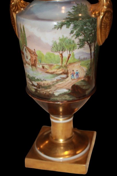 "Vaso a balaustro in porcellana dipinta e dorata con anse a sfinge alata" – Stile Impero, Vecch-photo-4