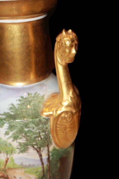 "Vaso a balaustro in porcellana dipinta e dorata con anse a sfinge alata" – Stile Impero, Vecch-photo-1