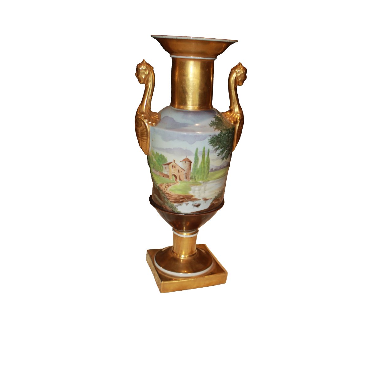 "Vaso a balaustro in porcellana dipinta e dorata con anse a sfinge alata" – Stile Impero, Vecch