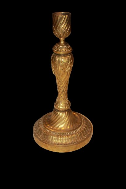 Coppia di candelieri in bronzo dorato a decoro torchon-photo-2