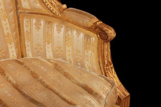 Coppia di bergères a orecchioni in legno dorato, stile Luigi XVI, seconda metà del XIX secolo-photo-4