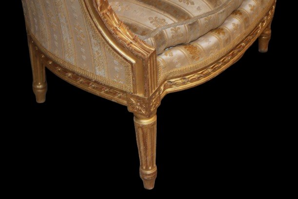 Coppia di bergères a orecchioni in legno dorato, stile Luigi XVI, seconda metà del XIX secolo-photo-1