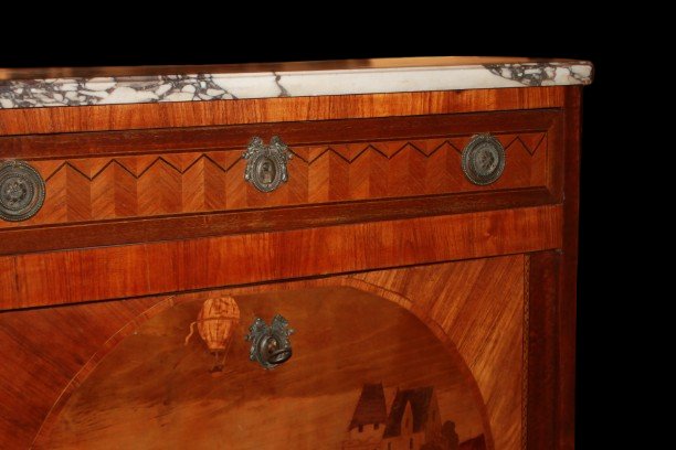 Secretaire Transizione con raffinato intarsio raffigurante un paesaggio XIX secolo-photo-2
