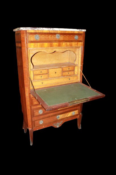 Secretaire Transizione con raffinato intarsio raffigurante un paesaggio XIX secolo-photo-1