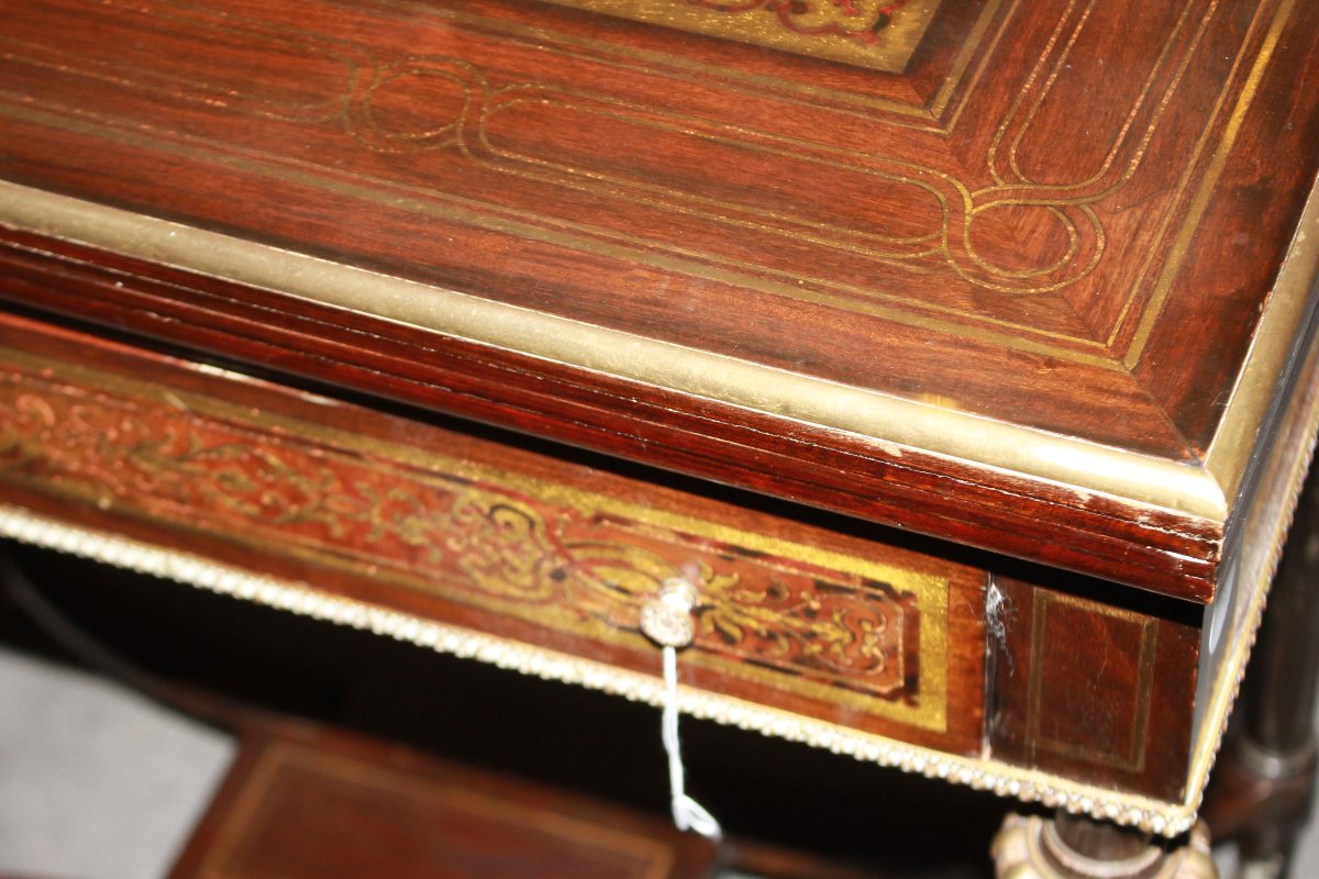 Tavolino da gioco francese in stile Boulle, seconda metà dell’800 – Palissandro, ottone e tarta-photo-3