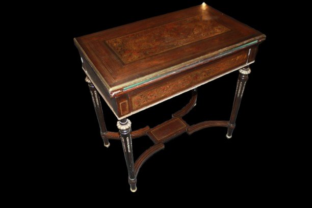 Tavolino da gioco francese in stile Boulle, seconda metà dell’800 – Palissandro, ottone e tarta-photo-1
