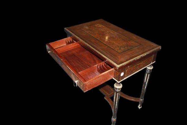 Tavolino da gioco francese in stile Boulle, seconda metà dell’800 – Palissandro, ottone e tarta-photo-2