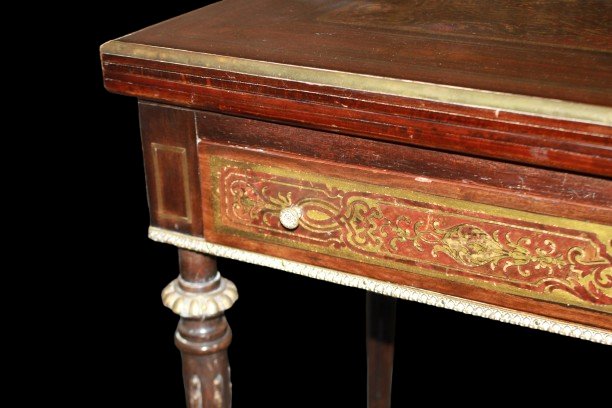 Tavolino da gioco francese in stile Boulle, seconda metà dell’800 – Palissandro, ottone e tarta-photo-3