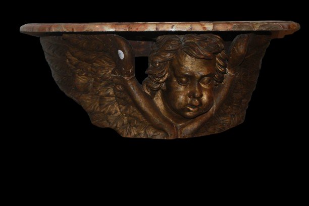 Consolle da parete sospesa italiana del 1600 raffigurante putto dorato e piano marmo-photo-2