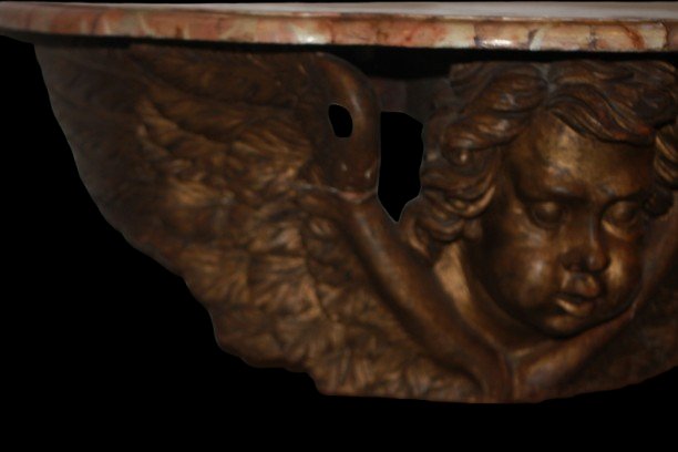 Consolle da parete sospesa italiana del 1600 raffigurante putto dorato e piano marmo-photo-3