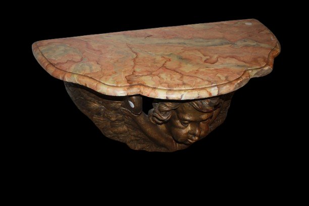 Consolle da parete sospesa italiana del 1600 raffigurante putto dorato e piano marmo-photo-4