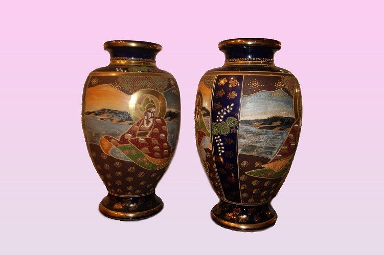  Paire De Vases Japonais Satsuma Des Années 1800 Richement Décorés-photo-2