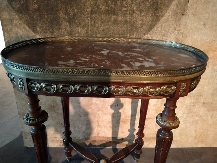 Petit Table d'Appoint Style Louis XVI Années 1800 Avec Marbre Rouge Français Et Riches Bronzes-photo-2