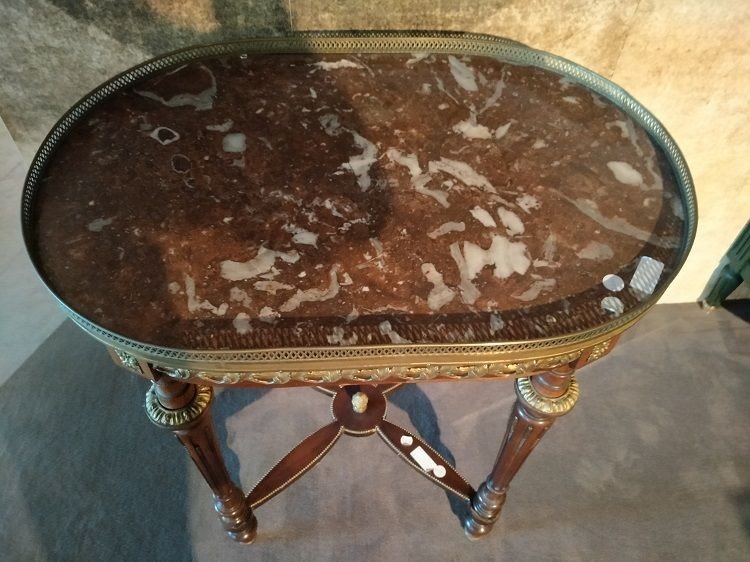 Petit Table d'Appoint Style Louis XVI Années 1800 Avec Marbre Rouge Français Et Riches Bronzes-photo-4