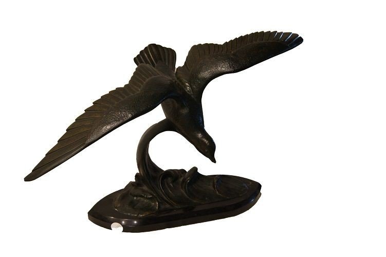 Sculpture En Bronze Decò Du Début Des Années 1900 Oiseau Albatros Et Marbre-photo-2