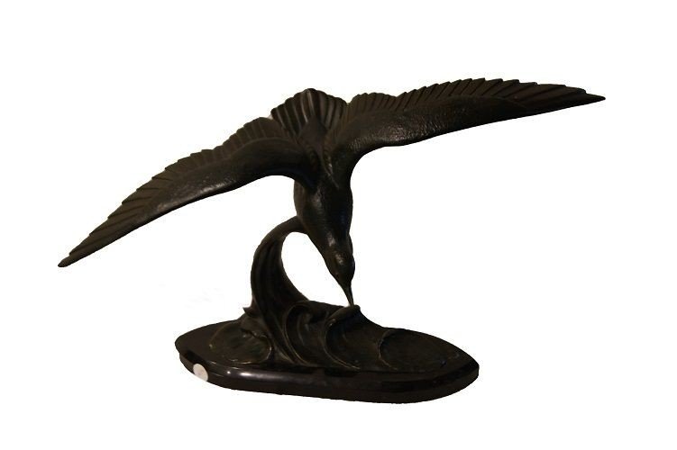 Sculpture En Bronze Decò Du Début Des Années 1900 Oiseau Albatros Et Marbre
